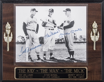 Ted Williams, Stan Musial & Mickey Mantle Multi Signed Photo In 15x12 Plaque Display (Beckett)
